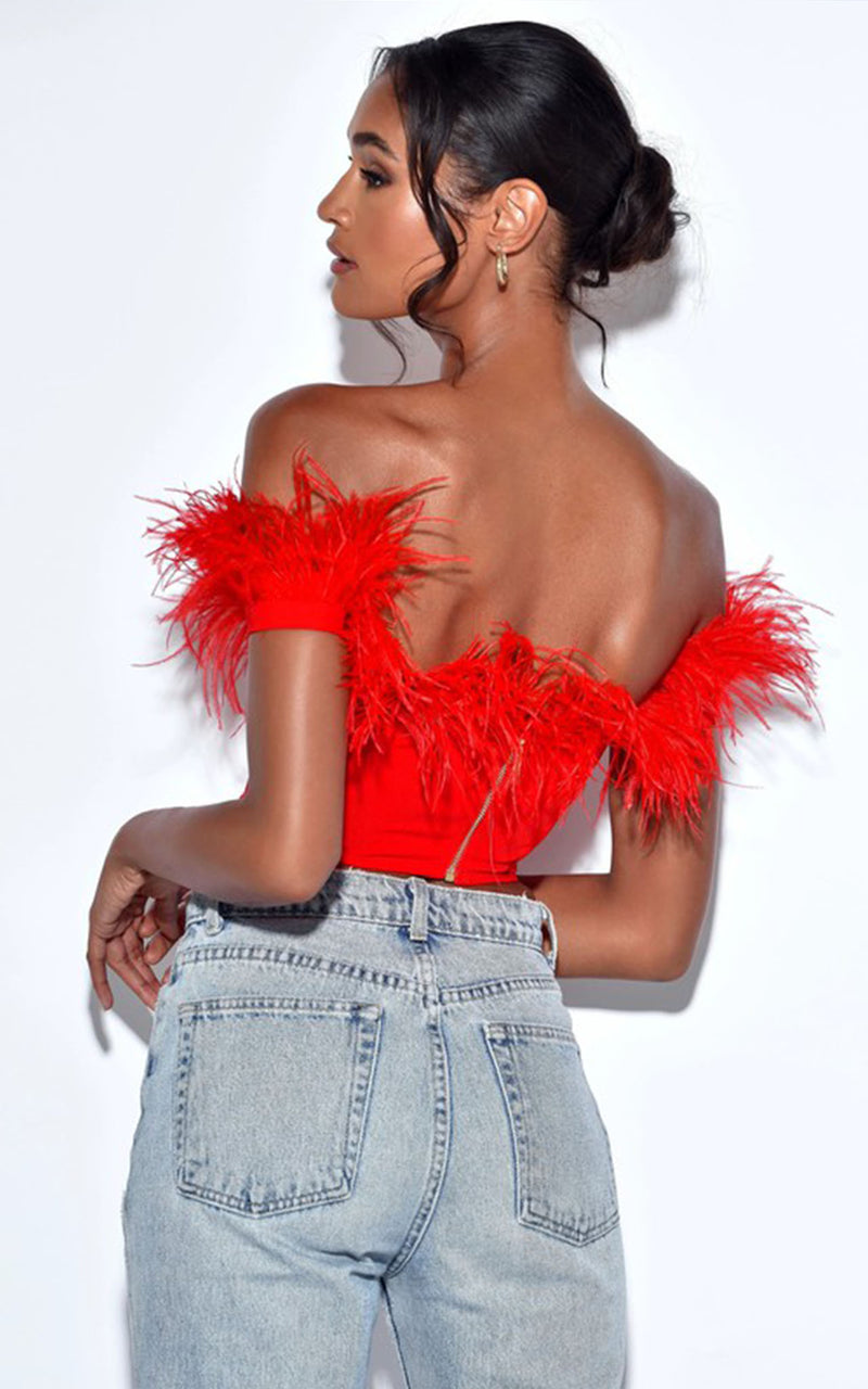 Love Chapter Red Strapless Off The Shoulder Sleeves Feather Trim Corset Top