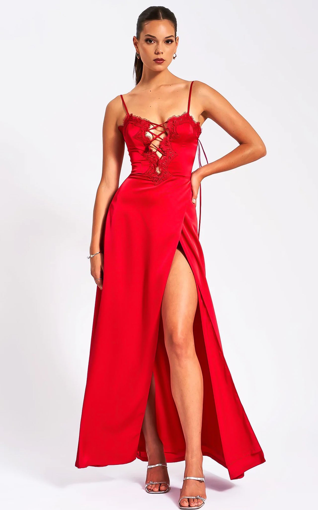 High Slit Satin Evening Dress in Ruby