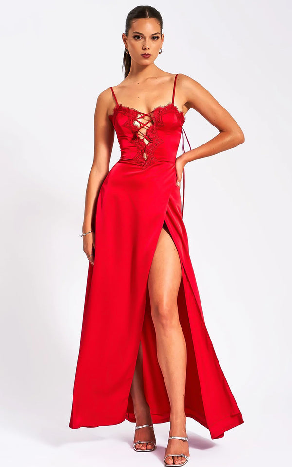 Rabia Red Lace Up High Slit Satin Party Dress