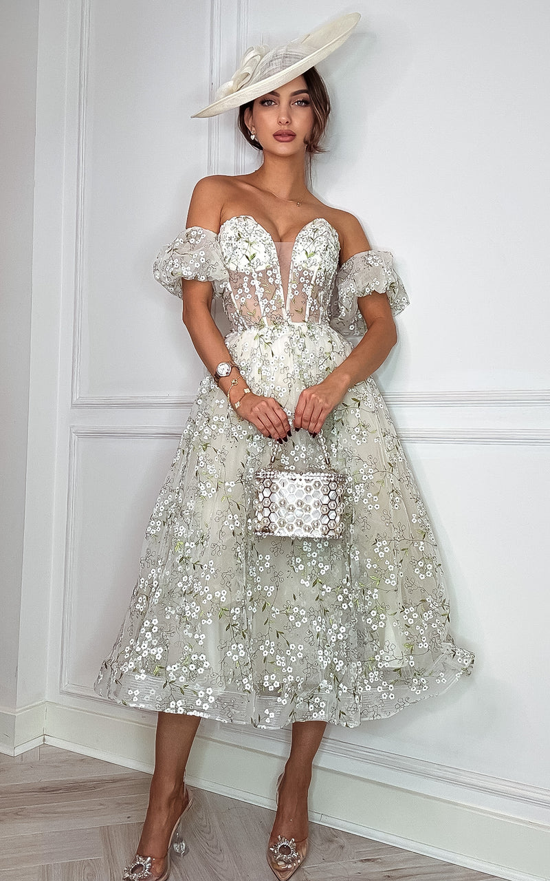 Floral Finesse Floral Embroidery Bustier Off-The-Shoulder Puff Sleeves Corset Midi Dress  MADE-TO-ORDER!