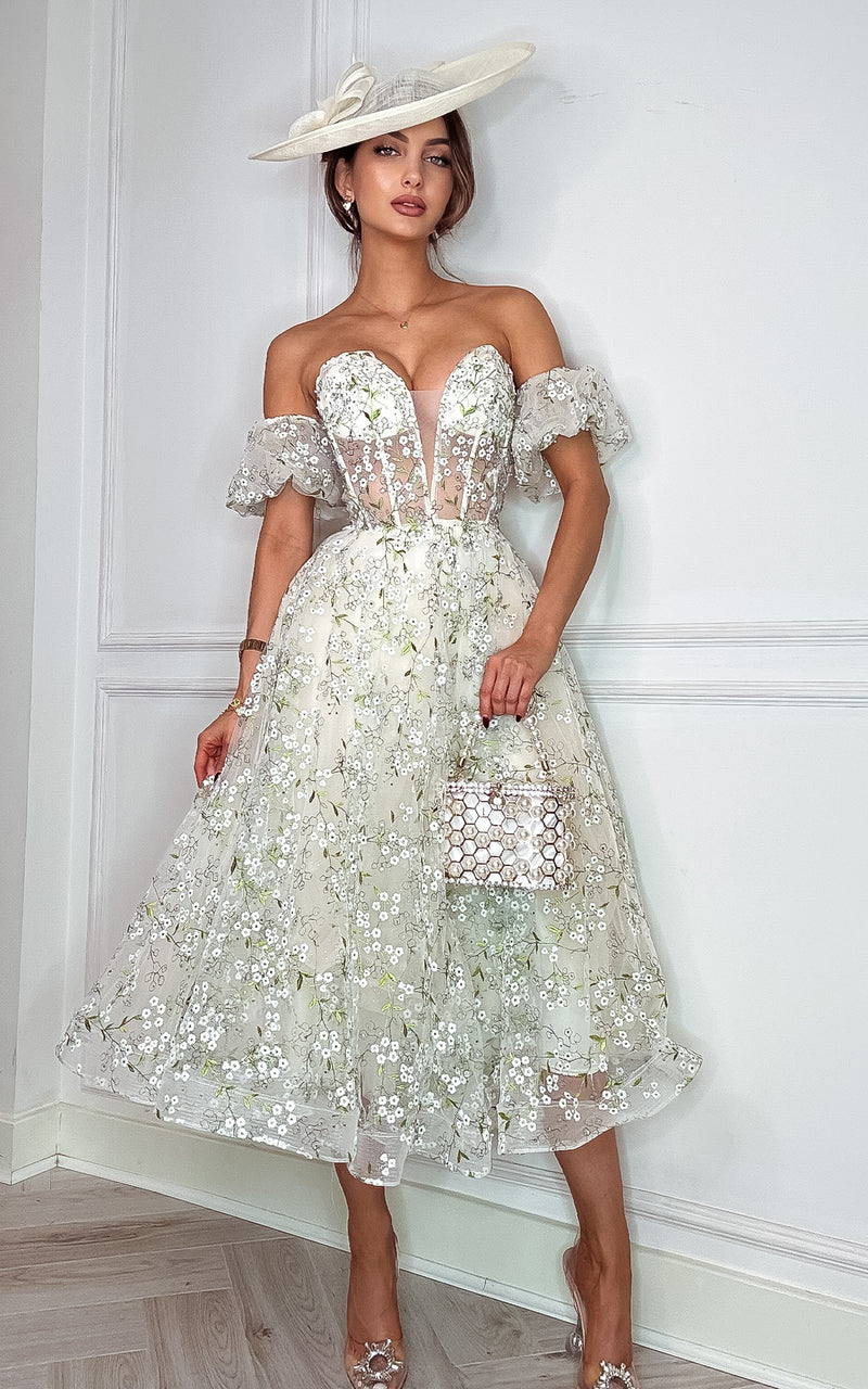 Floral Finesse Floral Embroidery Bustier Off-The-Shoulder Puff Sleeves Corset Midi Dress  MADE-TO-ORDER!