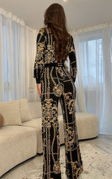 Donatella Black & Gold Chain Print Long Sleeve Deep-V Neck Jumpsuit