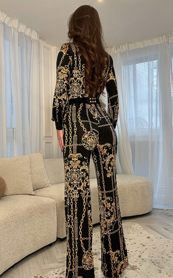 Donatella Black & Gold Chain Print Long Sleeve Deep-V Neck Jumpsuit