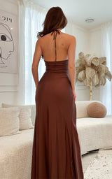 Caught your Eye Cocoa Gold Detail Halter-Neck Cut-Out Design Side Slit Summer Maxi Dress