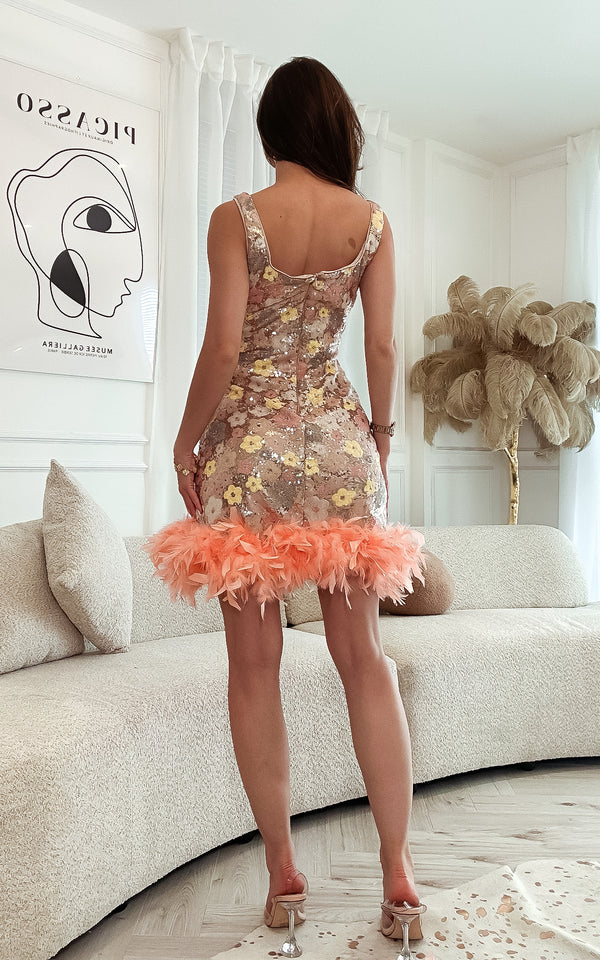 Too Glam to Cancel Sequin Floral Design Feather Hem Mini Dress