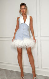 Brit Darling – White Collar Crystal Buttons Feather Hem Afternoon Tea Mini Dress Blue