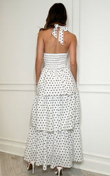 Dotted Desire – Polka Dot Halter Neck Layered Midi Dress