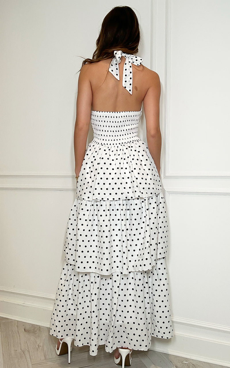 Dotted Desire – Polka Dot Halter Neck Layered Midi Dress – HOUSE OF MAGUIE