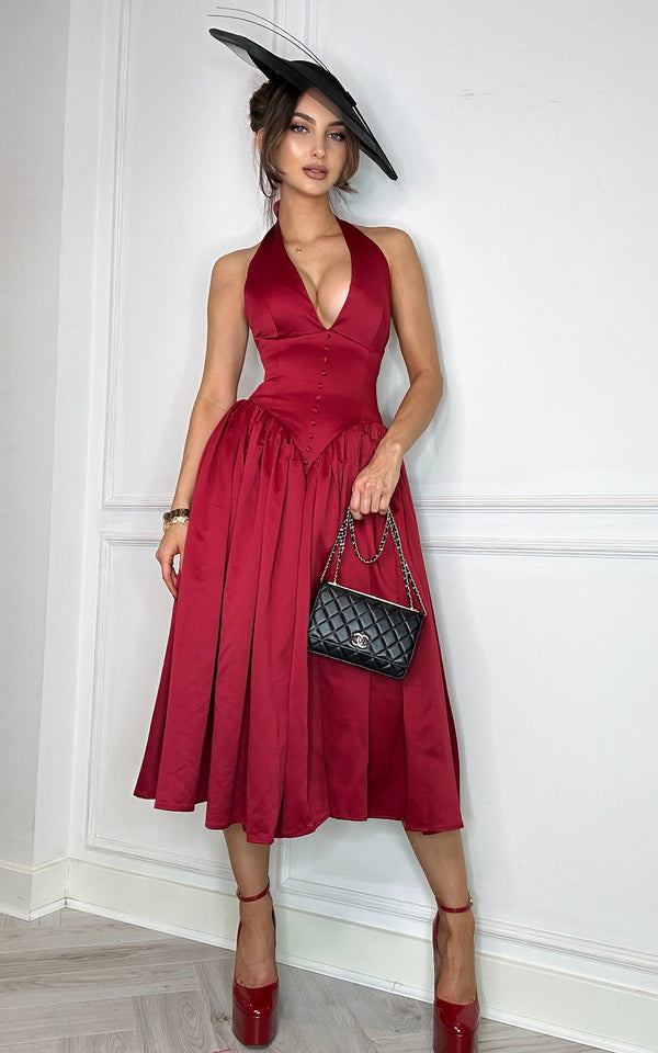 Cara Red Plunge Halter Neckline Backless Midi Dress