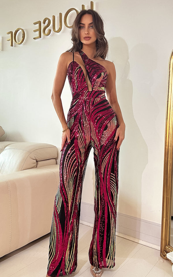 She's a Stunner Burgundy Sequin Asymmetric Deep-V Party Jumpsuit