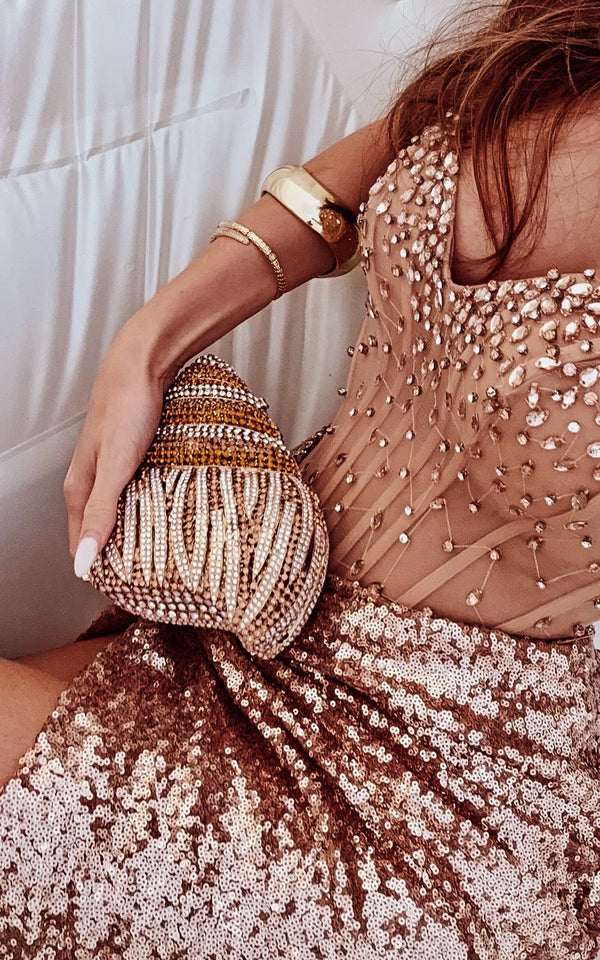 Sunset Sirena Seashell Crystal Embellished Rose Gold Conch Shell Clutch Bag