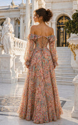 Capri Muse Blue Ditsy Floral Crystal Encrusted Off-the-Shoulder Long Princess Sleeve Corset Hi-Low Dress