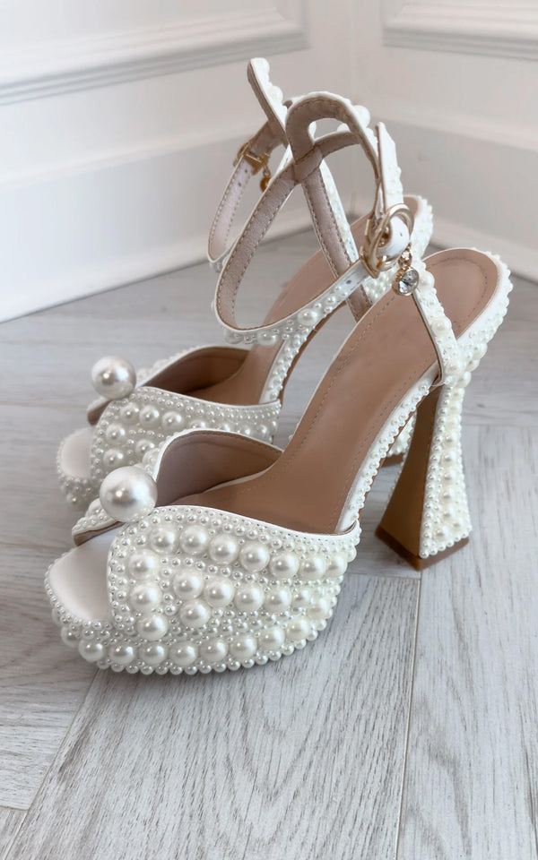 Pearls in Love White Pearl embellished Peep Toe Ankle Strap Platform Wedding Elegant Bridal Shoes