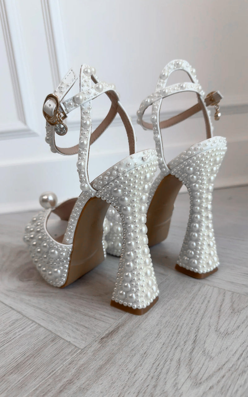 Pearls in Love White Pearl embellished Peep Toe Ankle Strap Platform Wedding Elegant Bridal Shoes