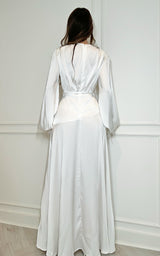 Royal Society – White V Collar Feather Cuffs Thigh Split Satin Maxi Dress