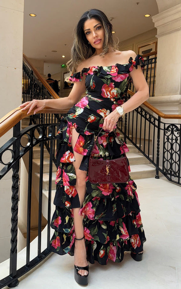 Belíssima Black Cold Shoulder & Thigh Slit Ruffled Floral Print Summer Dress