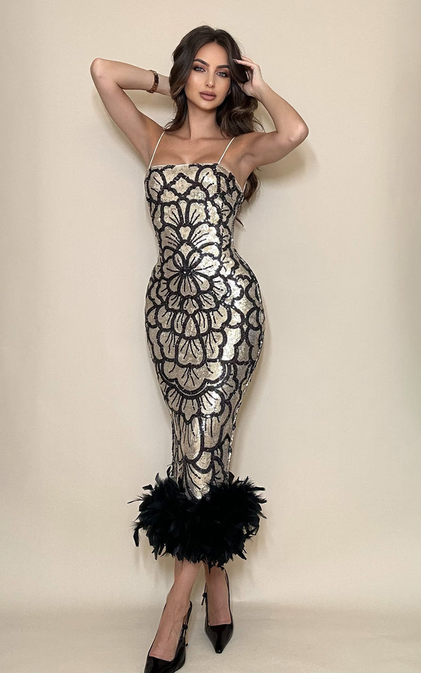 Sassy Socialite Black & Gold Sequin Floral Pattern Midi Dress