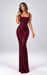 Malbec Burgundy Rhinestone Embellished Square Neckline Figure Enhancing Maxi Dress
