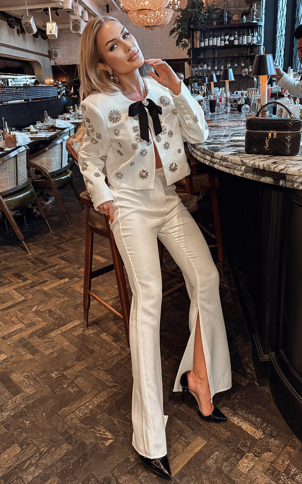 Fashionably London White Embellished Blazer Top & Tailored Side Slit Trousers Set