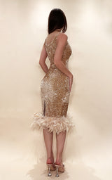 Guest Of Honour Oval Neckline Champagne Gold Sequin Feathered Hem Midi Dress