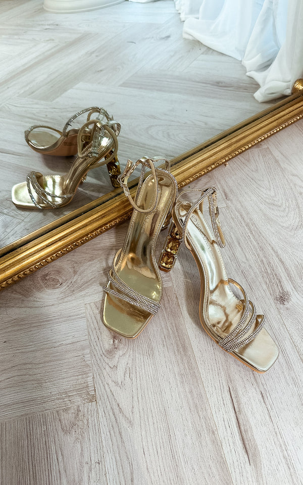 Horizon Heat Gold Crystal Embellished Gemstone Heel Design Strap Heels