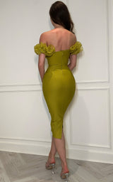 Soft Power Heiress Olive Ruffle Design Off-the-shoulder Figure Enhancing Midi Dress