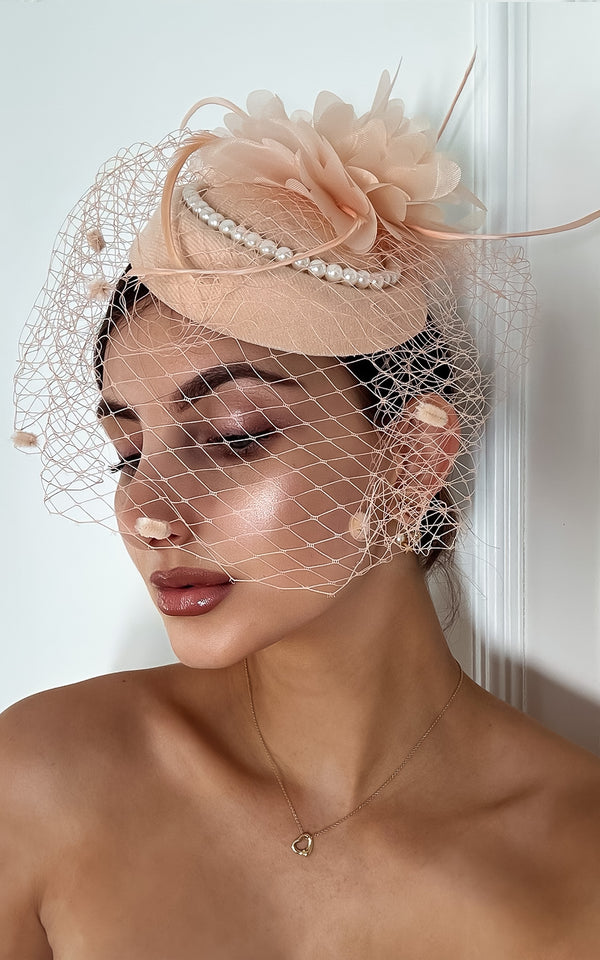 Victoria Peach Flower & Pearl Detail with Netting Hat Fascinator