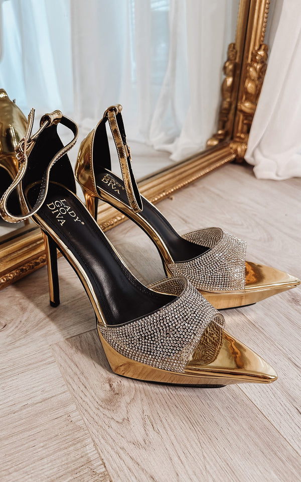 Hot Summer Gold Crystal Embellished Platform Strap Pointed Heels
