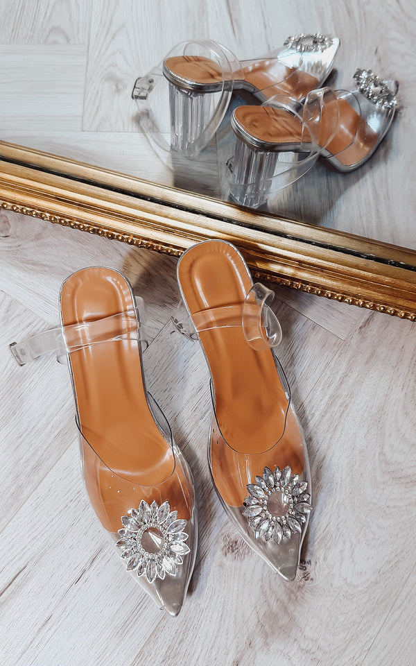 Step in Poise Roud Crystal Encrusted Perspex Strap Heels