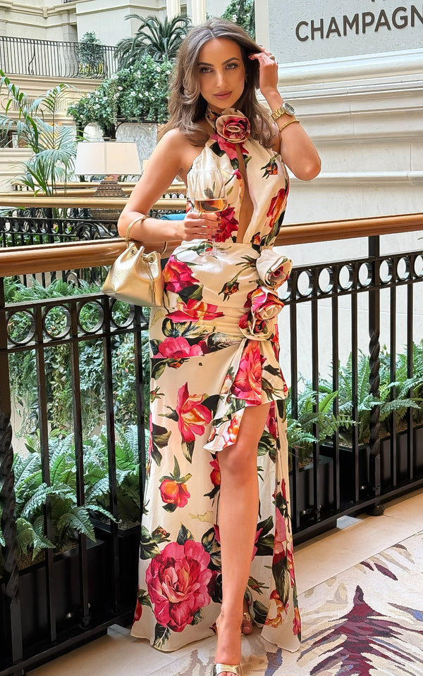 Hermosa Floral Print Rose HalterNeck Design Low Back Ruffled Thigh High Slit Maxi Dress