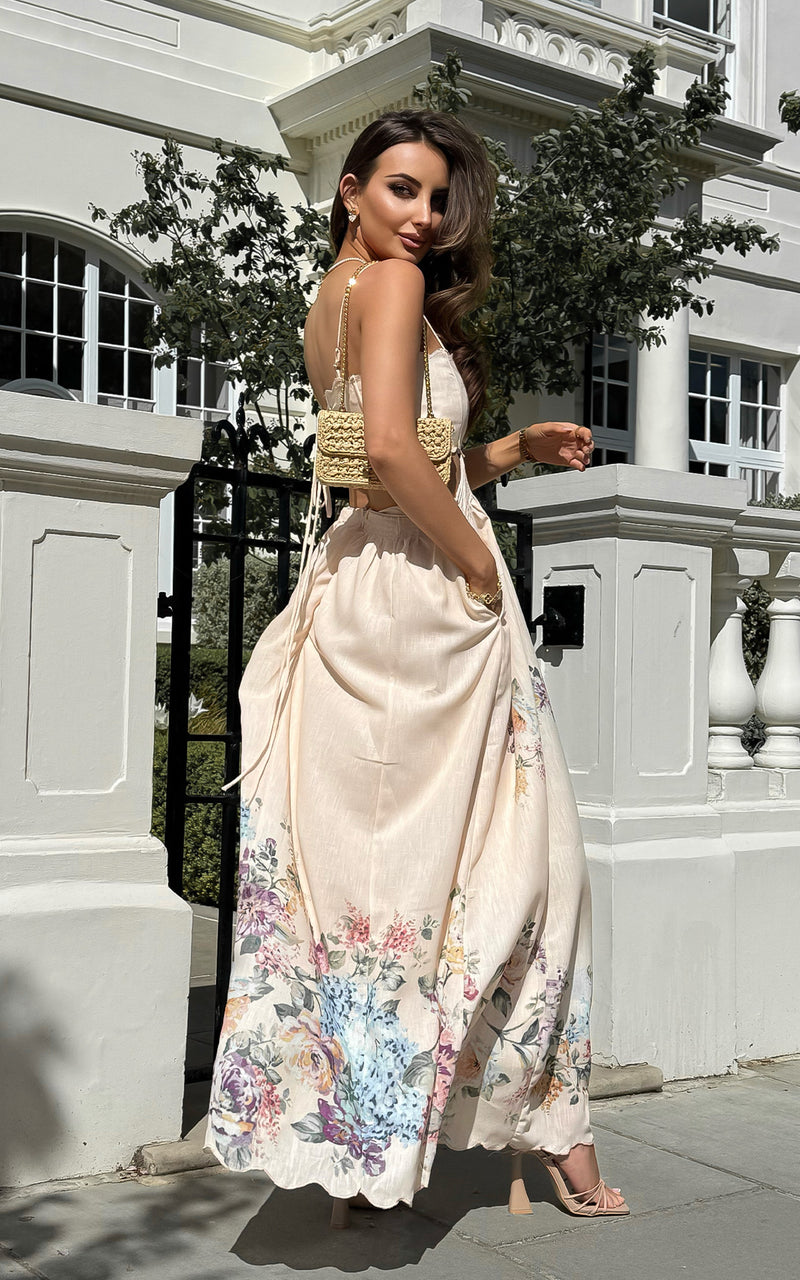 Sunkissed Affair Floral Print Linen Blend Side Cut-Out Maxi Summer Dress