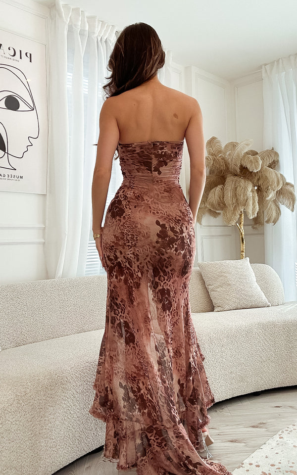 Feline fatal Animal Print Deep Plunge Gathered Summer Occasion Maxi Dress