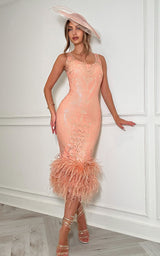 Peach Blossom sequin feather trim hem midi dress front view
