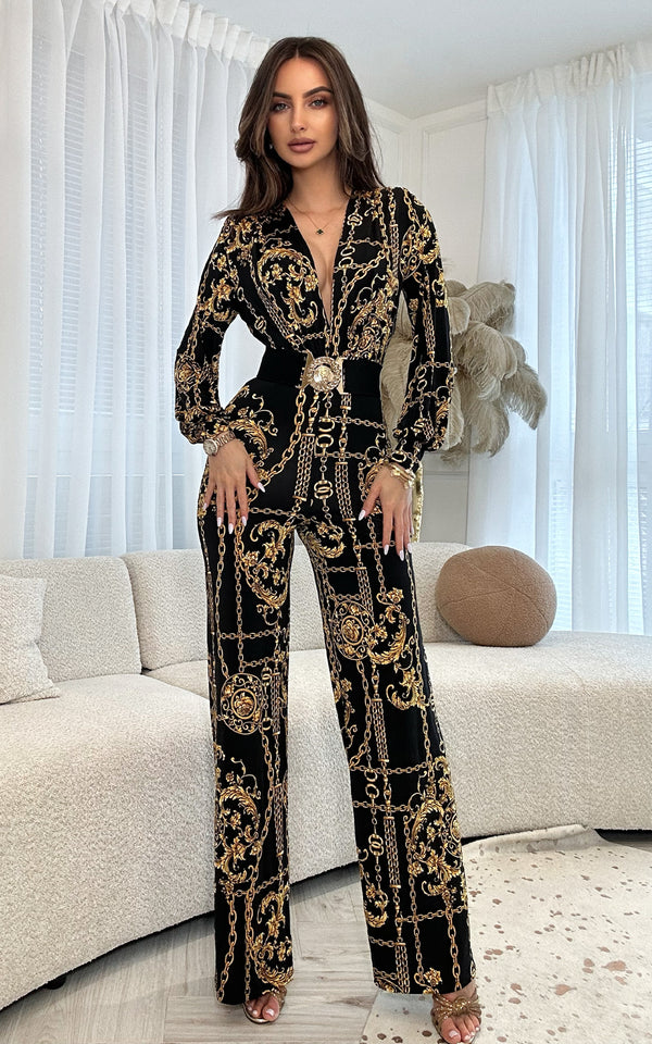 Donatella Black & Gold Chain Print Long Sleeve Deep-V Neck Jumpsuit