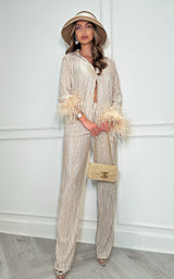 Riviera Elite Champagne Luxe Lounge Feather Cuff Shirt & Flare Jogger Set
