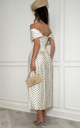 Champagne in Polka Dots Vintage Off-the-Shoulder Pleated Midi Dress