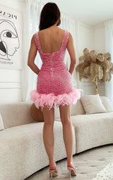 Candy Flamingo Pink Sequin Feather Trim Hem Mini Dress