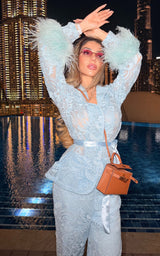 Powder Blue Lace Feather Cuff Wrap Shirt & Flare Trouser Co-ord Set