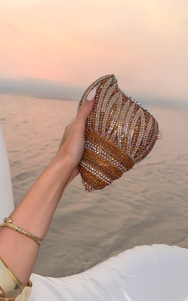 Sunset Sirena Seashell Crystal Embellished Rose Gold Conch Shell Clutch Bag