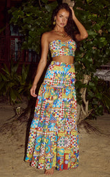 Struttin' in Sicily Italian Majolica Print Bandeau Crop top & Flare Maxi Skirt Set Co-ord