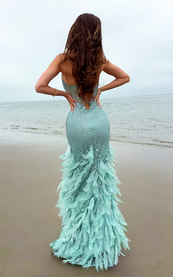 Ocean Queen Teal Sequin Embellished Feather Detail Corset Maxi Mermaid Dress PRE ORDER