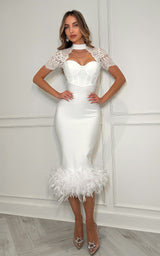 White Bandage Figure Enhancing Sweetheart Neckline Short Lace Sleeves Choker Design Midi Dress
