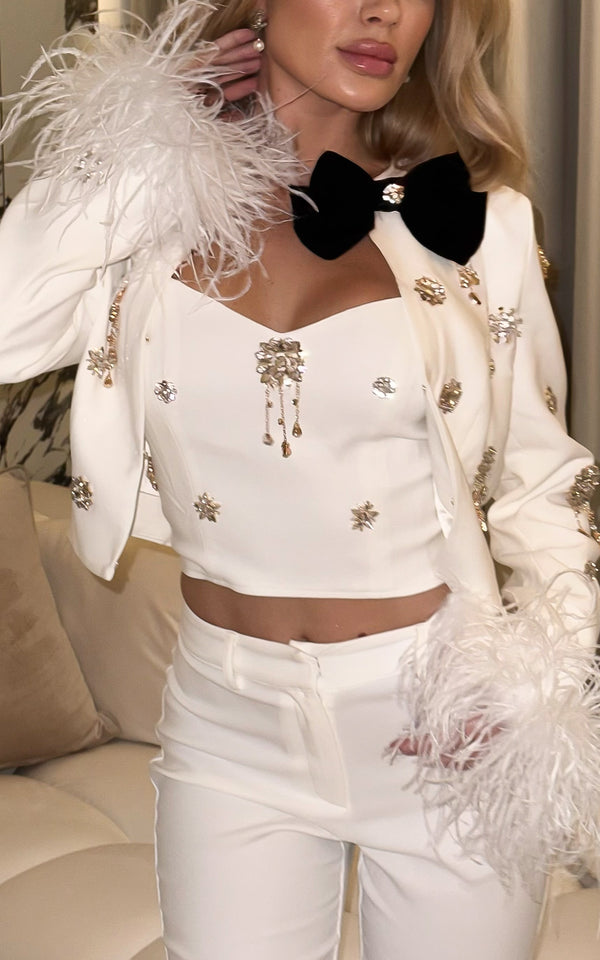 The Chelsea Set White Embroidered Feather Cuff Blazer with Top & Flare Trousers Co-ord Set
