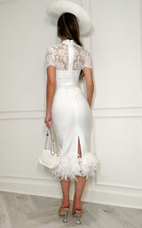 White Bandage Figure Enhancing Sweetheart Neckline Short Lace Sleeves Choker Design Midi Dress