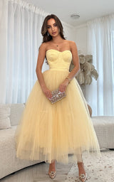 Princess Energy Only Lemon Sorbet Tulle Strapless Bustier Corset Design Midi Dress
