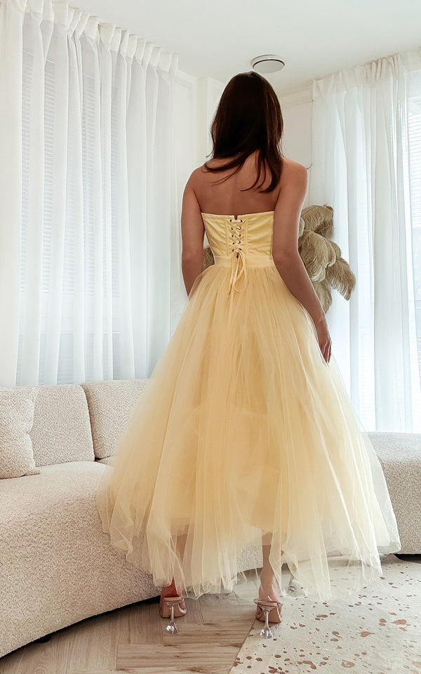 Princess Energy Only Lemon Sorbet Tulle Strapless Bustier Corset Design Midi Dress
