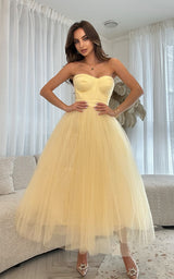 Princess Energy Only Lemon Sorbet Tulle Strapless Bustier Corset Design Midi Dress