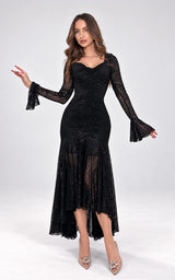 Roxana Black Lace Long Sleeve Mermaid Style Midi Dress
