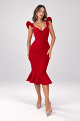 Santa Babe – Cherry Red Butterfly Sleeve Mermaid Bandage Midi Dress