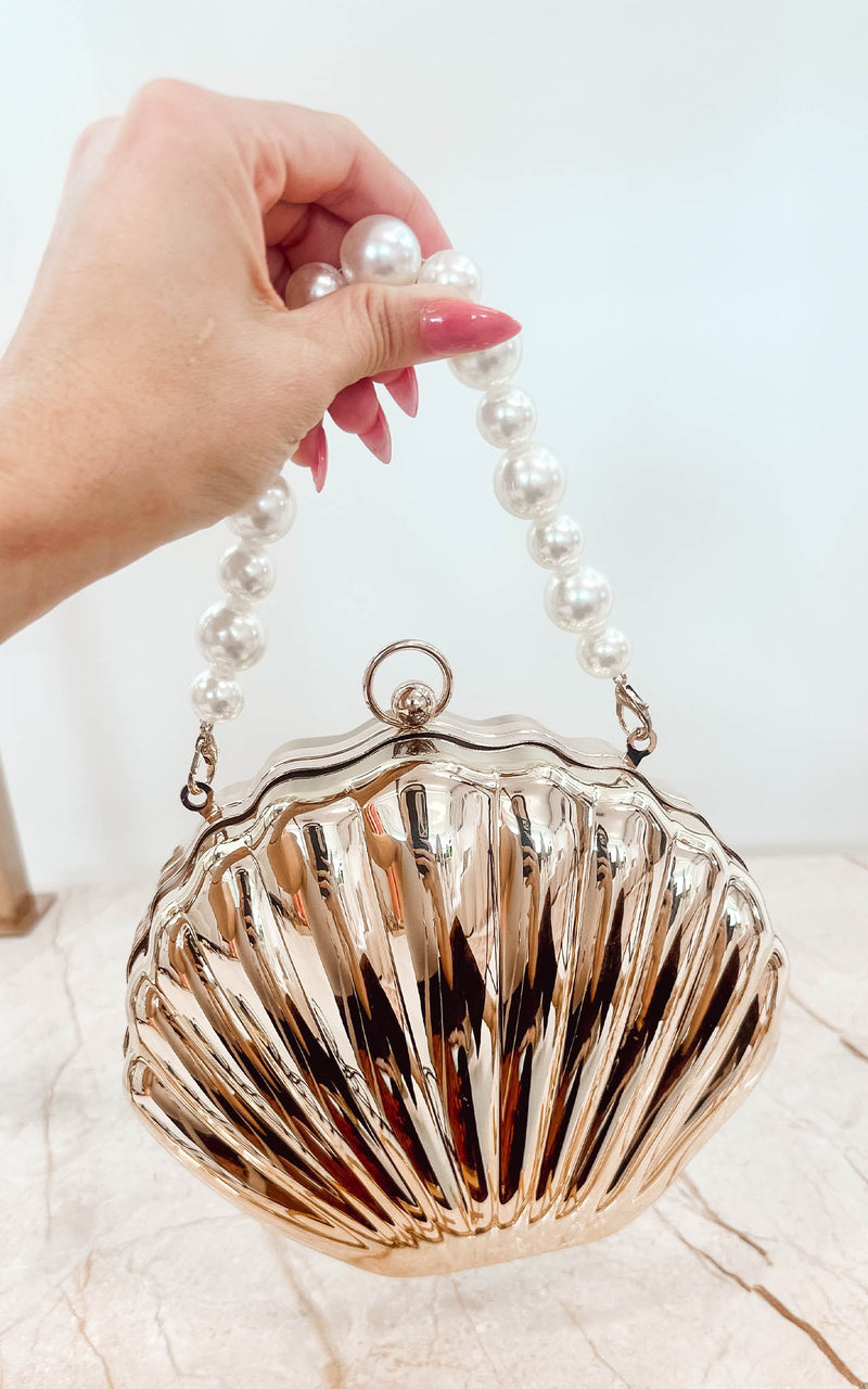 Seashell  Gold  Acrylic Pearl Strap Clutch Bag